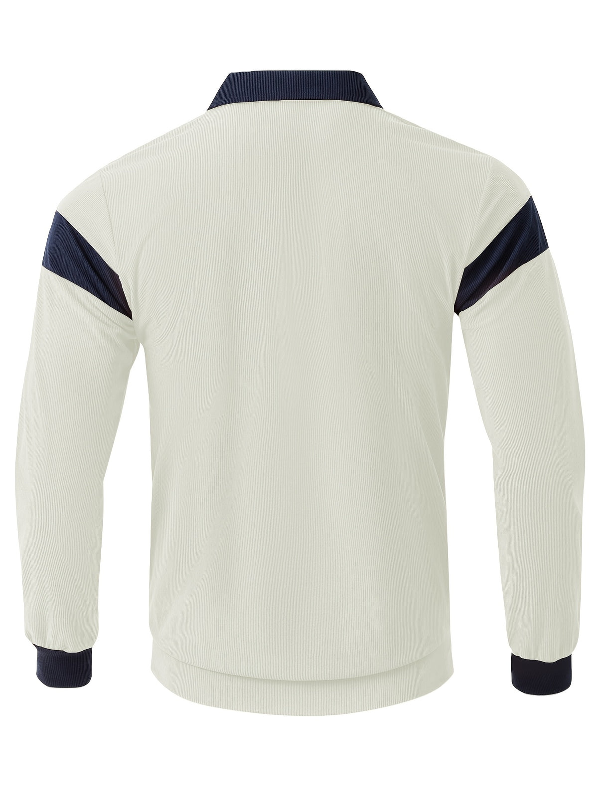 Men's Color-Block Spliced Long-Sleeve Polo Shirt Two-pc, Vertical Stripe Texture, Letter Print Lapel Top, Spring/Autumn Business Casual Versatile 2pcs Men's Sweatshirt Set - White+Navy Blue