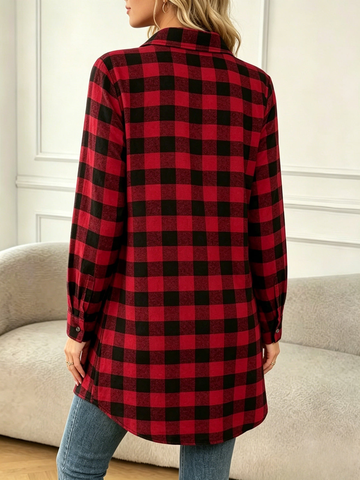 Plaid Long Shirt Jacket, Casual, Loose, Versatile Women'S Mid-Length Plaid Shirt, Classic Lapel Mid-Length Long-Sleeved Shirt, Full Open Placket with Metal Buttons, American Retro Casual Style - Red And Black Grid
