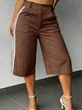 New Summer Fashion Side Contrast Color Patchwork Casual Capri Pants - Coffee Color