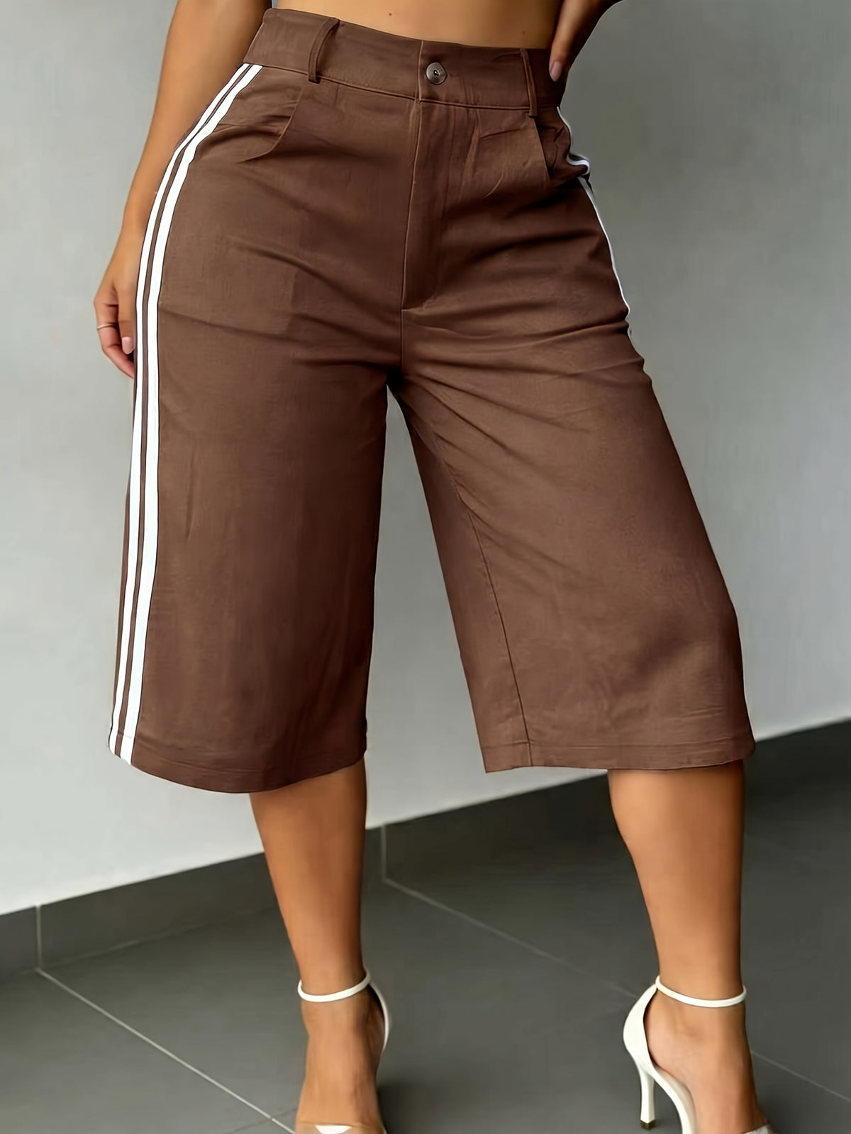 New Summer Fashion Side Contrast Color Patchwork Casual Capri Pants - Coffee Color