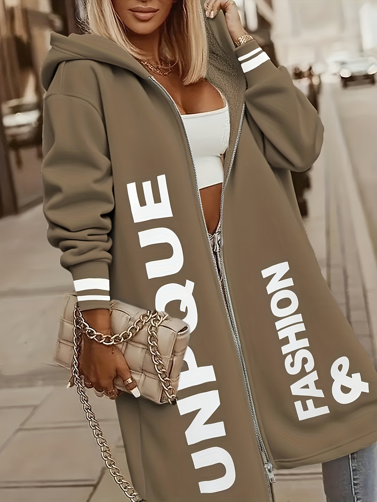 Cross-border New Fashion Casual Zipper Hooded Sweatshirt for Women YD88 - Khaki