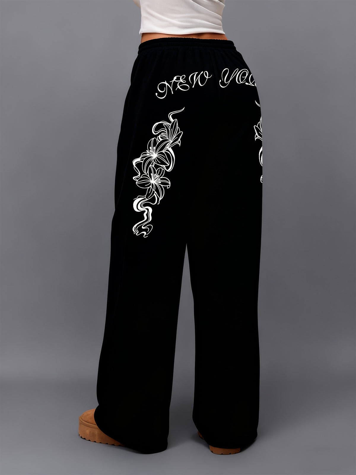 Slant Pocket Joggers Autumn Winter Trendy Brand Letter Print Pattern Straight Leg Trousers American High Street Wide Leg Pants Floor Length Trousers Ins Style Y2K - Black