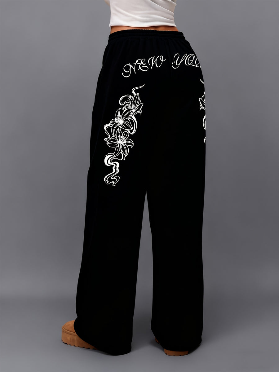 Slant Pocket Joggers Autumn Winter Trendy Brand Letter Print Pattern Straight Leg Trousers American High Street Wide Leg Pants Floor Length Trousers Ins Style Y2K - Black