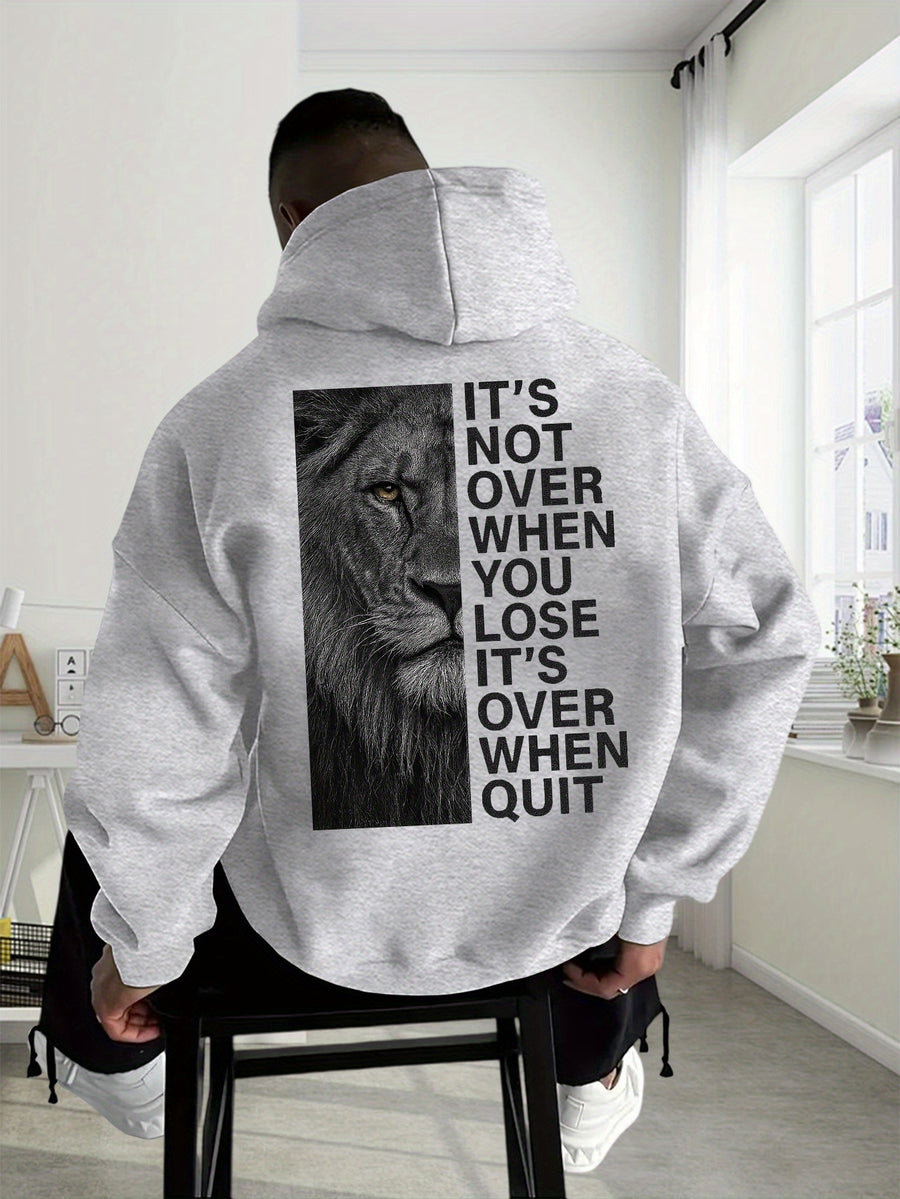 Men'S Casual Hooded Sweatshirt with Graphic - "It'S Not Over Until You Quit" Design, Thick Sportswear, Long Sleeve, Regular Fit, Ideal for Spring/Fall, Autumn Casual Wear|Casual Style Hoodie| Sweatshirt - Grey