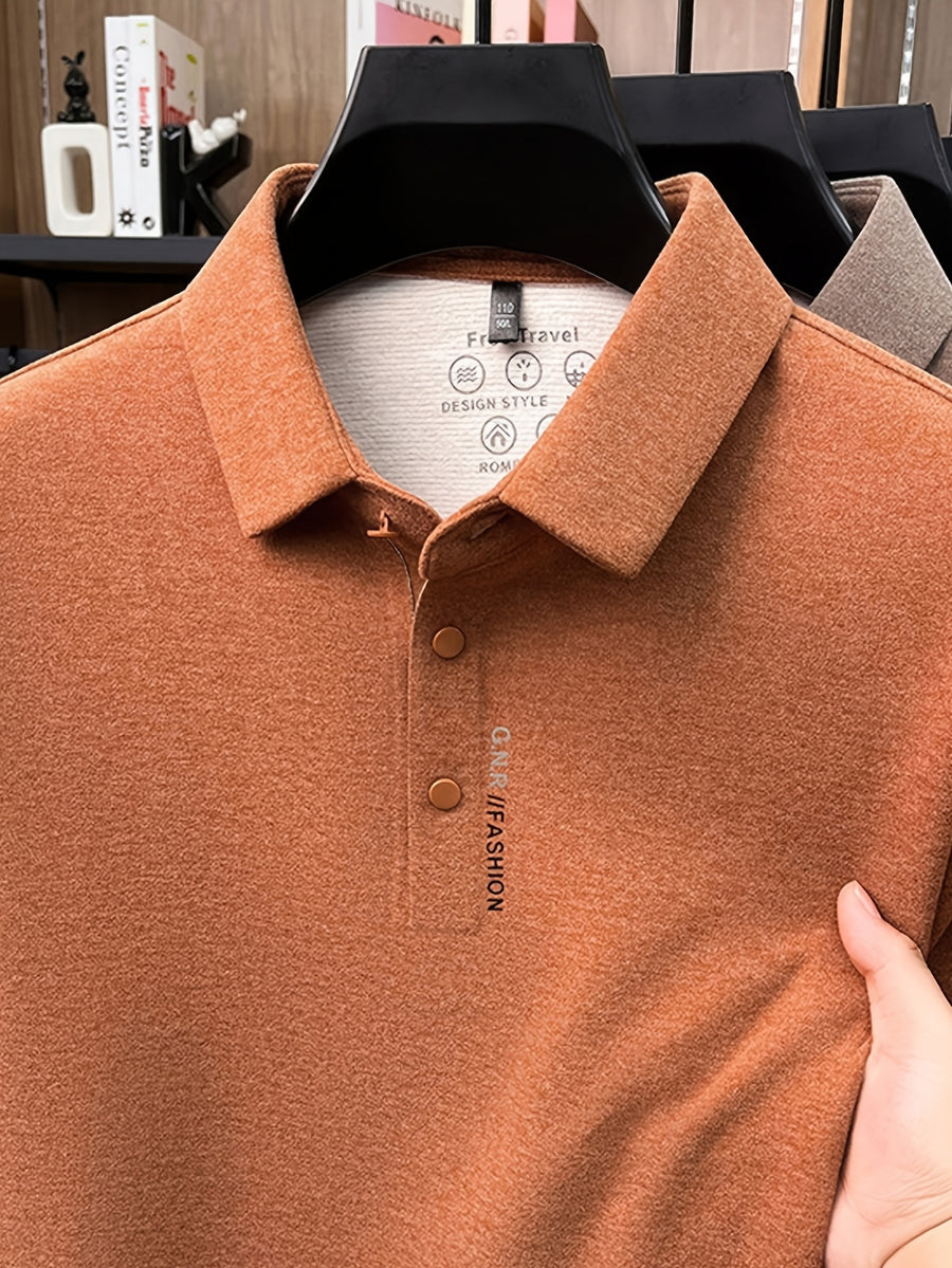 Men'S Lapel Long Sleeve Polo Shirt, Classic Small Lapel, 3-Button Placket, Business Commute And Casual Wear - SINBOS - Pumpkin Orange