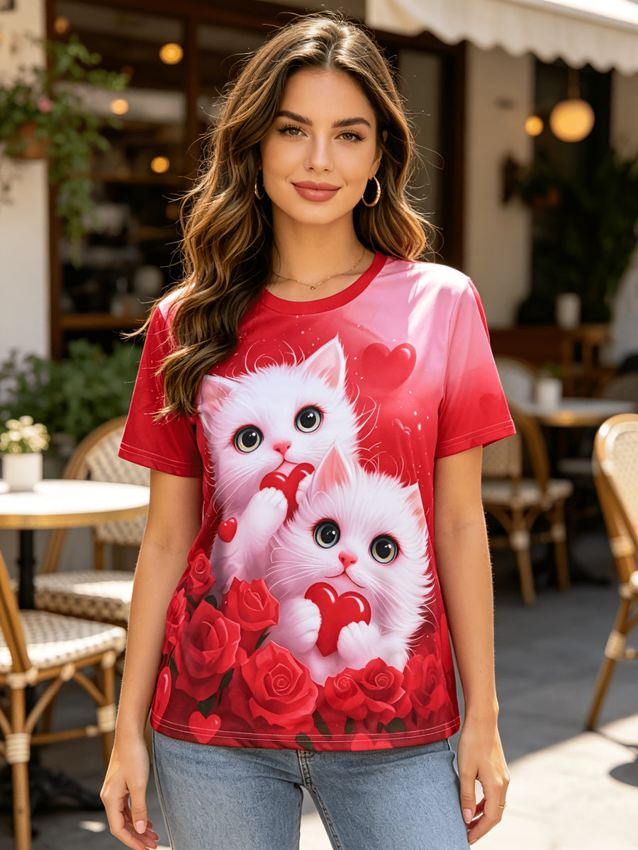 New Women'S T-Shirt with Digital Print of Two Fluffy White Kittens with Blue Eyes, Holding a Red Heart-Shaped Pattern, Surrounded by Red Roses And Heart Designs, Round Neck Short Sleeve Summer Top, Casual Outdoor Wear - Love Money