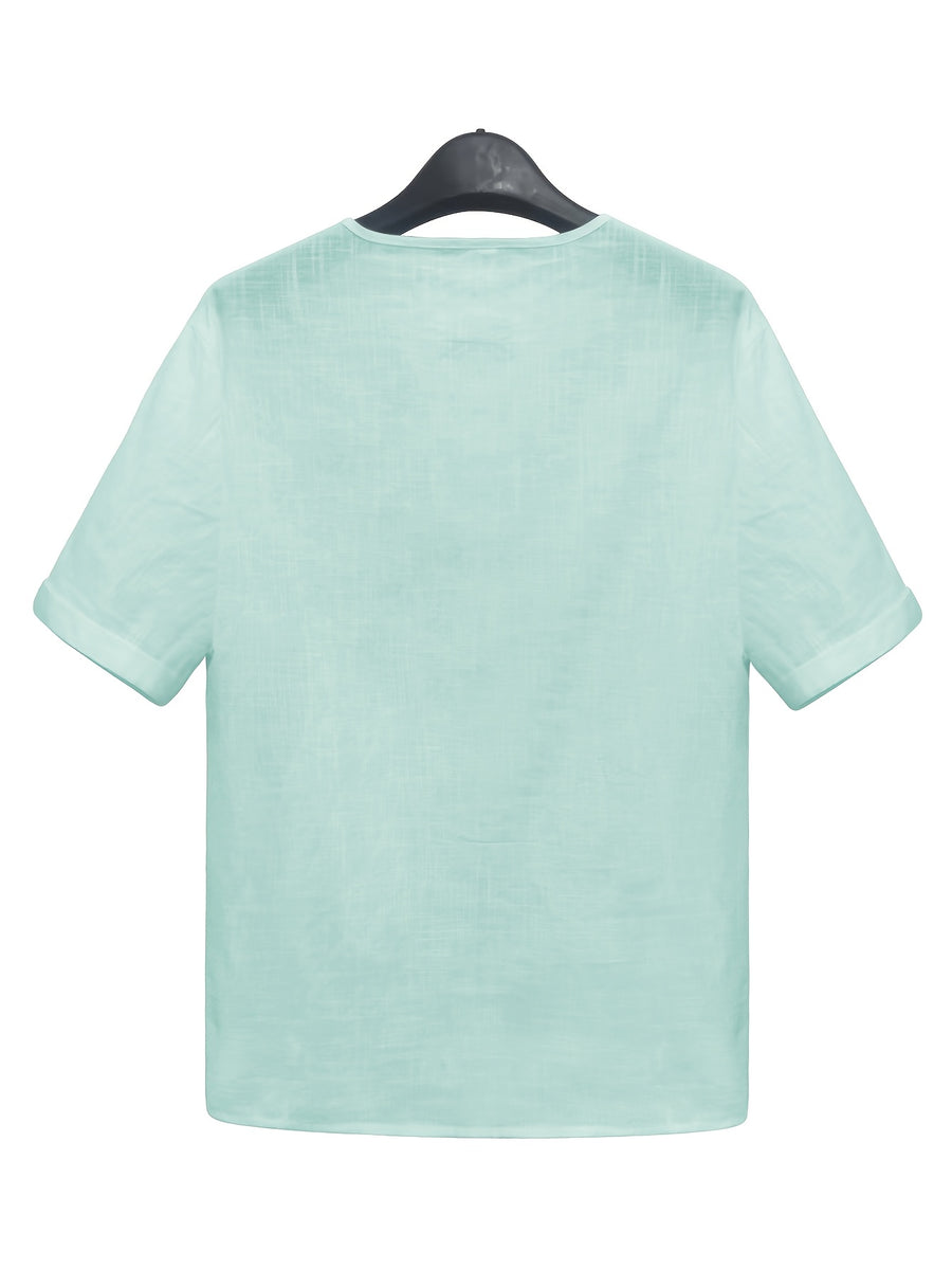 Men'S Lightweight White Short Sleeve V-Neck Button-Up Shirt - Retro Classic Fitted Style Summer Casual Top, Solid Color Breathable Fabric for Warm Weather - Light Blue
