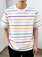 Summer Men'S White Base Colorful Striped Short Sleeve T-Shirt Breathable Comfortable Slightly Elastic Crew Neck Regular Fit Daily Casual Wear - Mixed colors