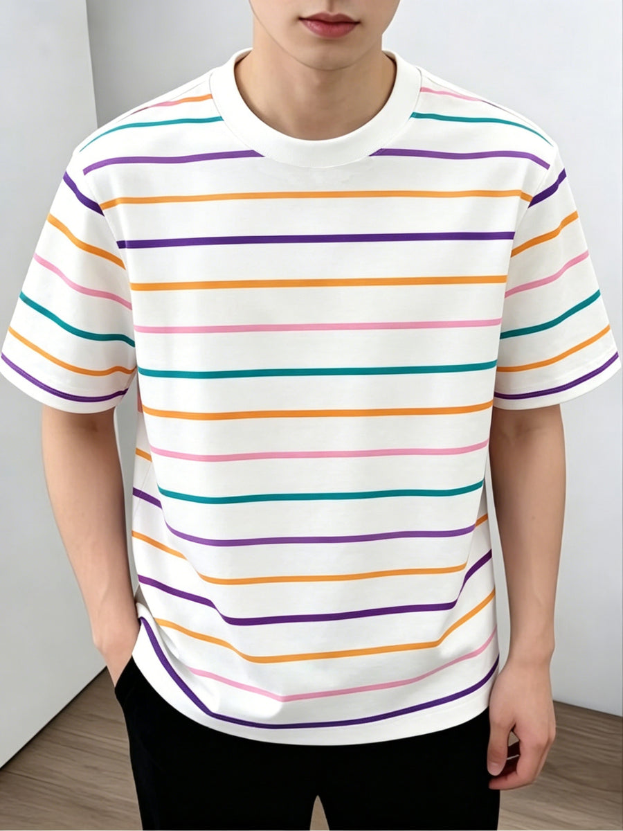 Summer Men'S White Base Colorful Striped Short Sleeve T-Shirt Breathable Comfortable Slightly Elastic Crew Neck Regular Fit Daily Casual Wear - Mixed colors