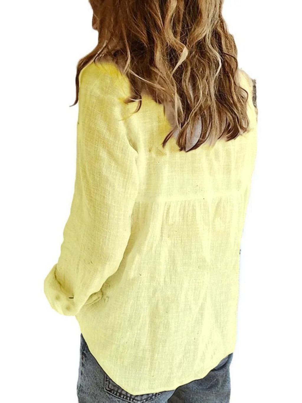 Women's New Spring, Autumn, and Winter Style 100% Long-Sleeve Shirt, Simple Open-Front Lapel Collar Comfortable Shirt, Fashionable, Elegant, and Versatile Solid Color Open-Front Long-Sleeve Top, Suitable for All Seasons, for Women's Daily, Casual - Bright Yellow