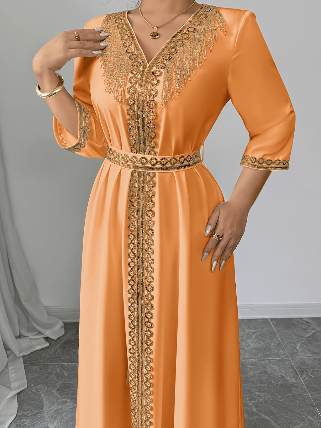2026 New Abaya Robe Style Kimono Sleeve Long Dress V-Neck Caftan Robe Wrap Style Front Panel High Waist Empire Line Floor Length Dress Golden Lace Trim Sequined Embroidery Golden Bead Trim Golden Contrast Ruffle Tie Waist Skirt Muslim Fashion Arabic - Orange