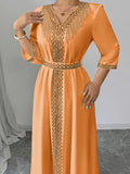 2026 New Abaya Robe Style Kimono Sleeve Long Dress V-Neck Caftan Robe Wrap Style Front Panel High Waist Empire Line Floor Length Dress Golden Lace Trim Sequined Embroidery Golden Bead Trim Golden Contrast Ruffle Tie Waist Skirt Muslim Fashion Arabic - Orange