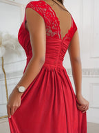 European and American Cross-Border Women's Dress with Sheer Spaghetti Straps, Cinched Waist, Slim Fit, and Pleated Hem, Suitable for Dates and Banquets, Machine Washable and Dry Cleanable - Red