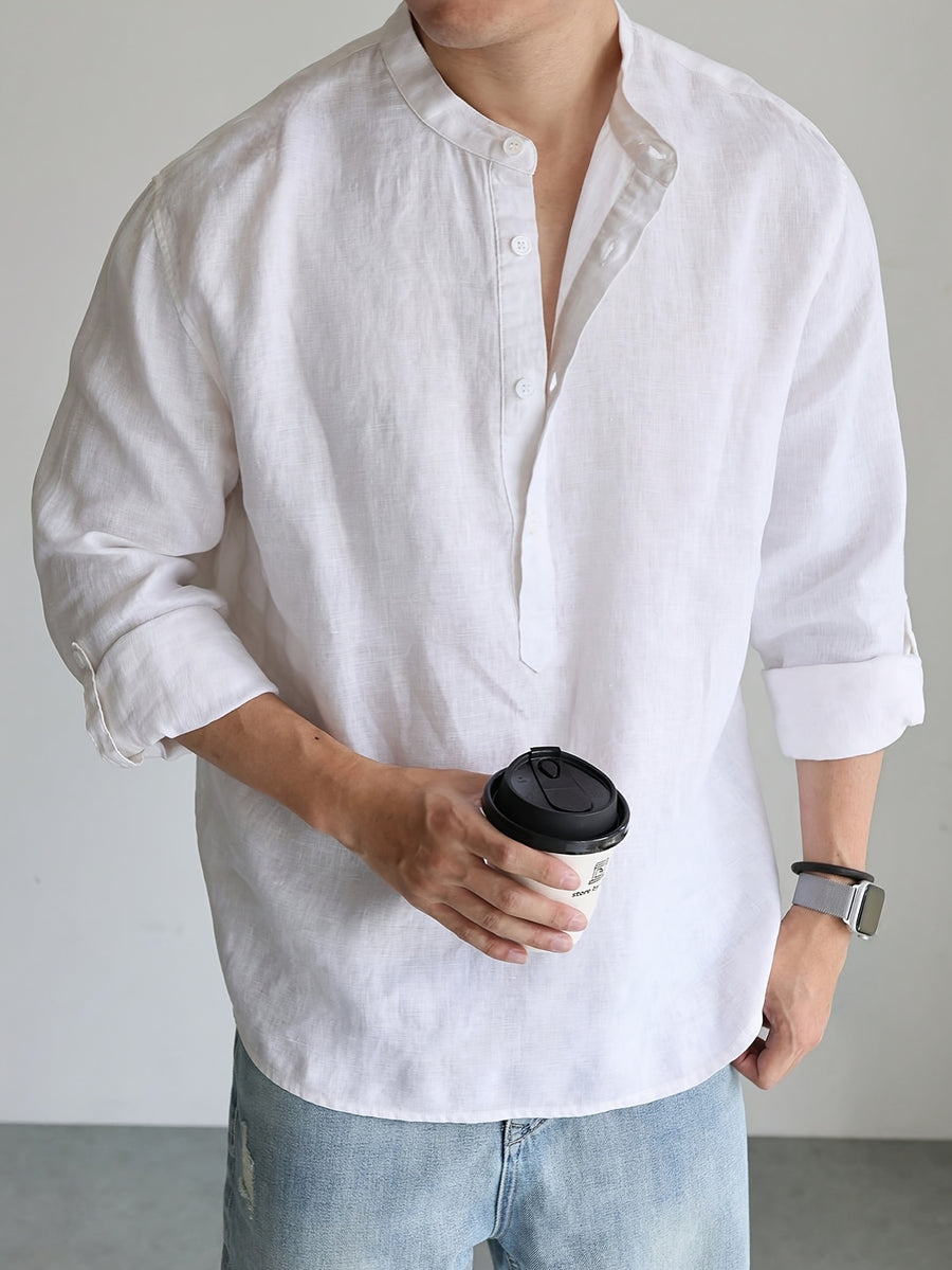 Men's Linen Old Money Style Long-Sleeve Shirt for Commuting, Work, and Protective Pointed Collar Shirt with Buttoned Corners - White