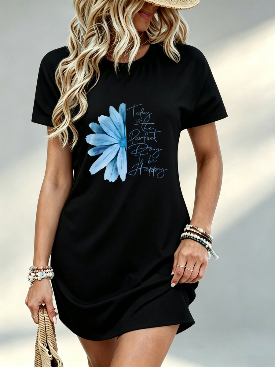 Printed Design Not Textured, Casual Ladies Dress, Blue Flower And Happy Quote Print, Beach Vacation, Gift for Her, 100 Percent - Black