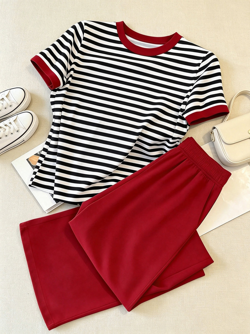 Women'S Black And White Striped Casual Set, Color-Block Trimmed T-Shirt And Red Wide-Leg Pants 2pcs Set, Spring Summer All-Match Style - Red