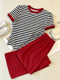 Women'S Black And White Striped Casual Set, Color-Block Trimmed T-Shirt And Red Wide-Leg Pants 2pcs Set, Spring Summer All-Match Style - Red