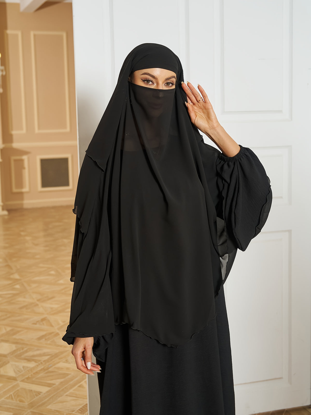 1pc Fashionable, elegant and casual three-layer chiffon fabric solid color suitable for daily wear, loose and comfortable Women's abaya headscarf.sarees for women indian wedding robe aid femme abayas for women muslim jilbab femme khimar hijab - Black