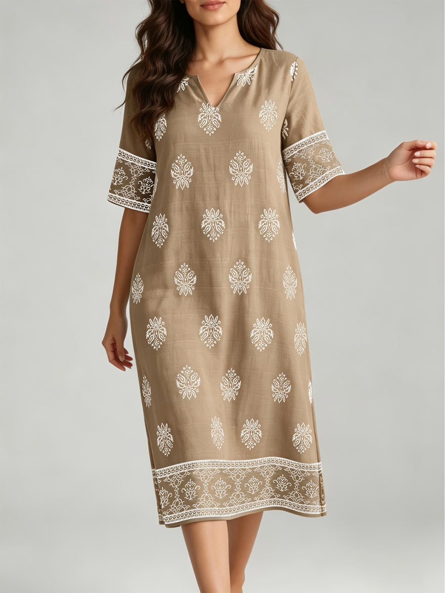 V-neck Short-sleeve Ethnic Print Dress with Slit Hem, Holiday Travel Beach Dress - Khaki