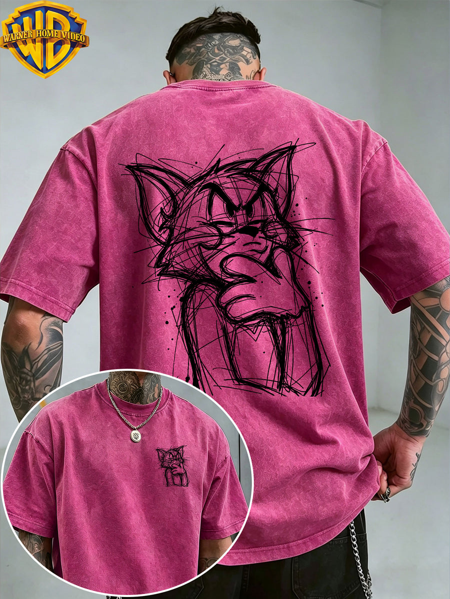 Warner Bros. Official License, Classic Cartoon Character Angry Raging Hand-Drawn Line Art Print, American Retro Washed Distressed T-Shirt, Unisex, Machine Washable, Suitable for Daily Commute And Outdoor Wear - Rose Red