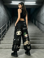 Women'S Digital Print Spring Summer Autumn Retro Horror Doll Cartoon Printed Women'S Trousers, Punk Y2K Subculture Loose Drapey Wide-Leg Pants - Black