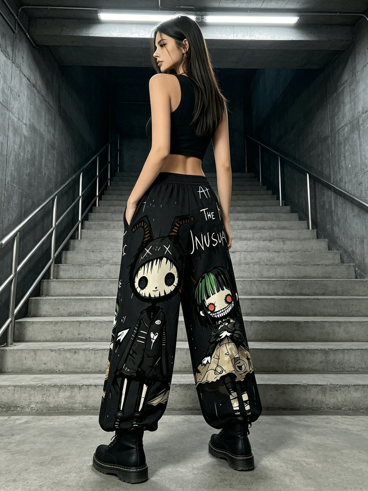 Women'S Digital Print Spring Summer Autumn Retro Horror Doll Cartoon Printed Women'S Trousers, Punk Y2K Subculture Loose Drapey Wide-Leg Pants - Black