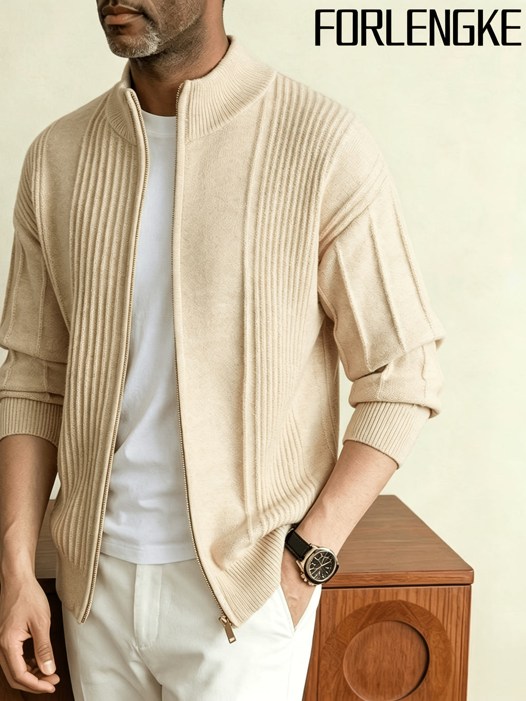 FORLENGKE 2026 New Men Business Casual Stand Collar Full Zip Vertical Ribbed Knit Cardigan, Soft Thick Loose Long Sleeve Sweater Jacket for Fall Winter Office Daily Wear - Apricot