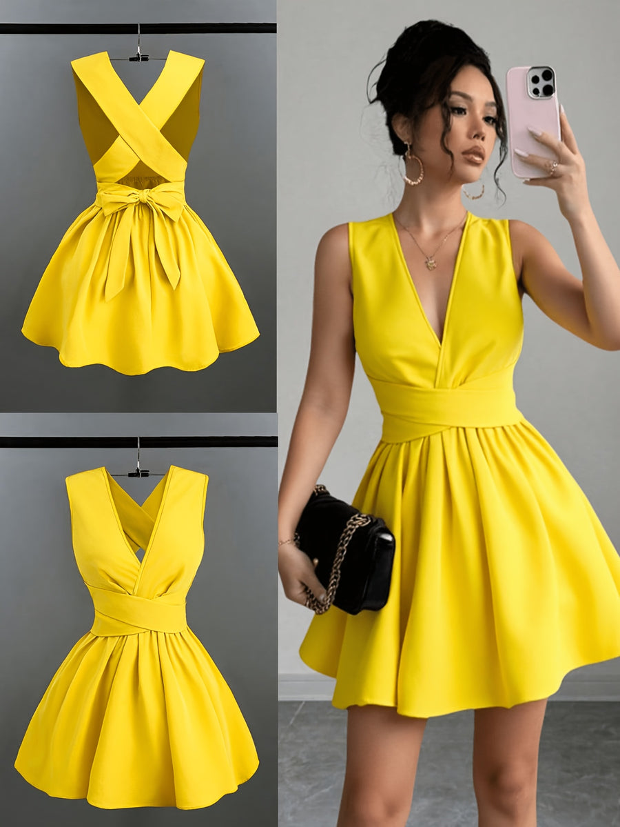 Women'S Romantic Elegant Sexy Wedding Guest Style Wearable Cross V-Neck Sleeveless A-Line Mini Dress - Yellow