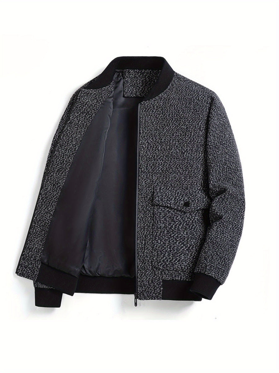 1pc TNZI Men's Spring, Autumn and Winter Wool Stand-up Collar Casual Wool Overcoat, Zipper Jacket, Loose and Versatile Fashionable Jacket, Work Jacket, Men's Large-sized Simple Long-sleeved Comfortable Jacket - Black