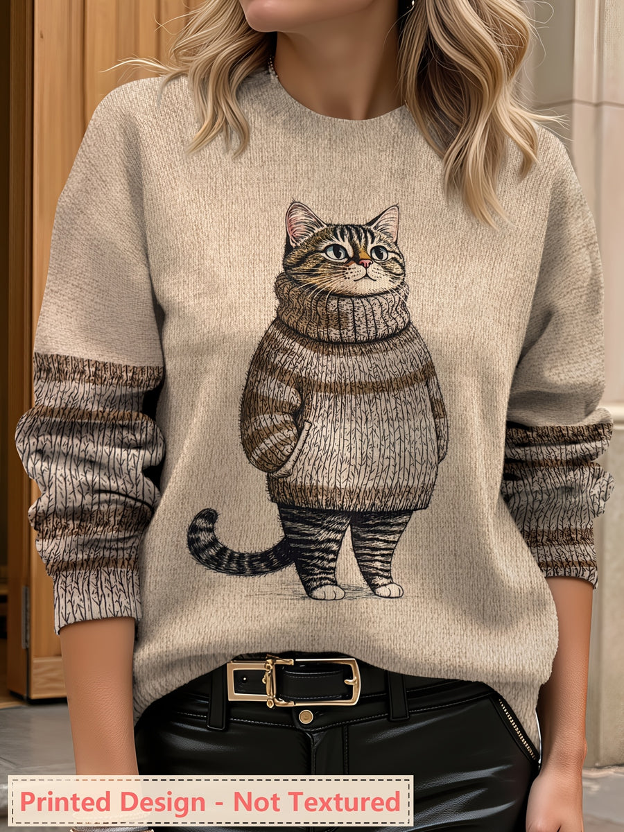 Plus Size - Plus Size - Plus Size Women'S for All Over Printed Long Sleeve Universal Crew Neck Lightweight Sweater, Trendy Wear, Cat Pattern, Perfect for Casual Elegance Style Outfits - Suitable for All Seasons - Coffee Color