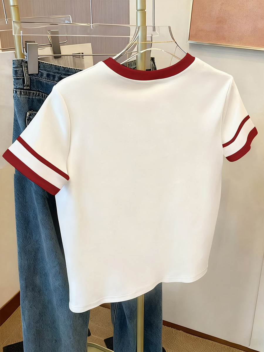 Graphic Print T-Shirt, Short Sleeve Crew Neck Casual Top for Summer And Spring, Women'S Clothing - White Red