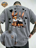 Cartoon Couple Rabbit Heart Front Back Print Washed Distressed T-Shirt, Men'S 100% Fabric, Casual Comfortable Style, Loose Fit Breathable Short Sleeve Men'S Casual Top, Distressed Washed Loose Fit - Grey