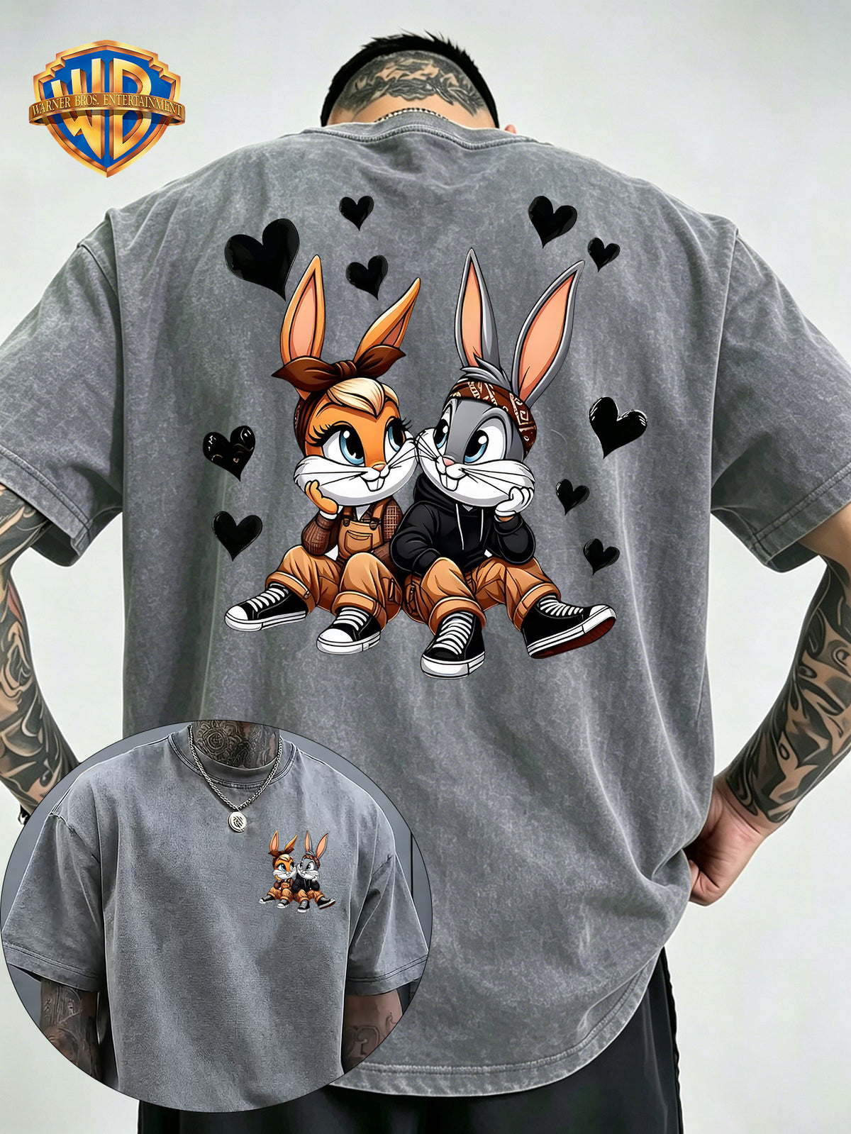 Cartoon Couple Rabbit Heart Front Back Print Washed Distressed T-Shirt, Men'S 100% Fabric, Casual Comfortable Style, Loose Fit Breathable Short Sleeve Men'S Casual Top, Distressed Washed Loose Fit - Grey