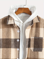Plaid Shirt Collar Jacket Coat - Coffee Color