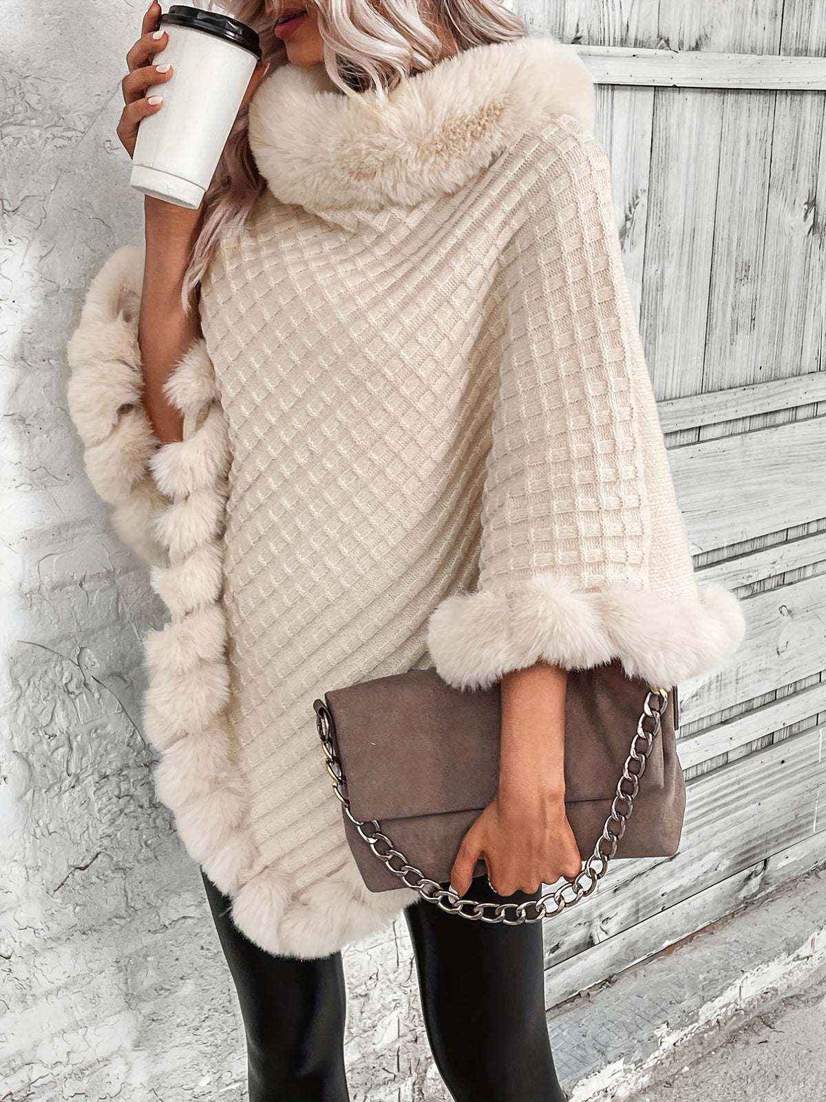 Women'S Elegant Faux Fur Collar Cape Coat - Soft Winter Coat with Plush Fur Trim, All-Season Chic Outerwear for Everyday & Formal Events - Apricot