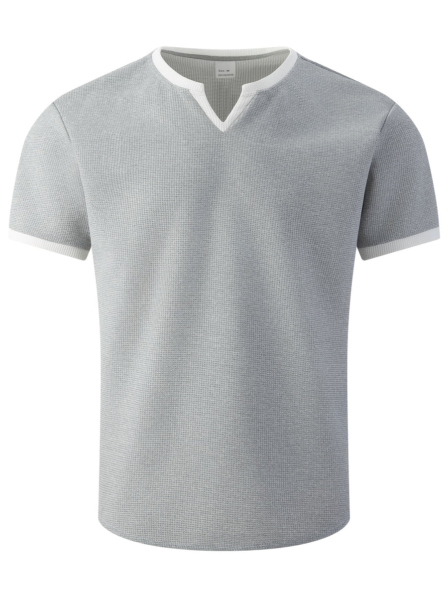 Men'S Solid Waffle Knit V-Neck Tee, Contrast Edge Short Sleeve Casual Daily T-Shirt - Grey