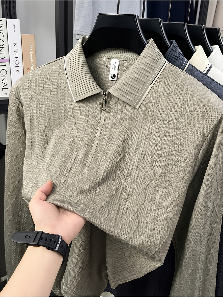 Men's Half-Zip Lapel Long-Sleeve Polo Shirt, Full-Rhombus Jacquard Texture, Contrast-Color Ribbed Collar, Simple Light-Luxury Top, for Business Receptions, Daily Commuting, Loose-Fit Men's Long-Sleeve T-Shirt - Khaki