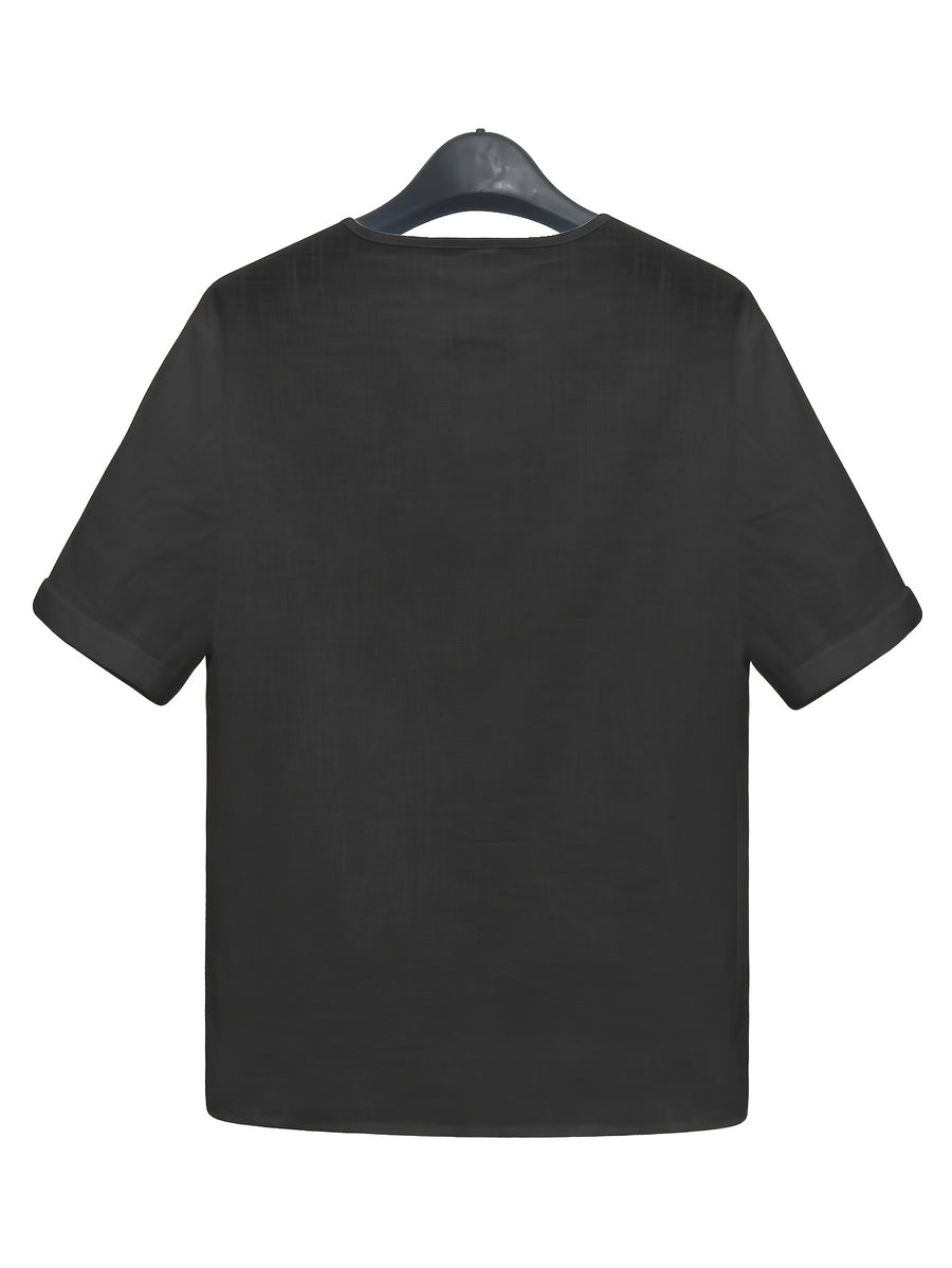 Men'S Lightweight White Short Sleeve V-Neck Button-Up Shirt - Retro Classic Fitted Style Summer Casual Top, Solid Color Breathable Fabric for Warm Weather - Black