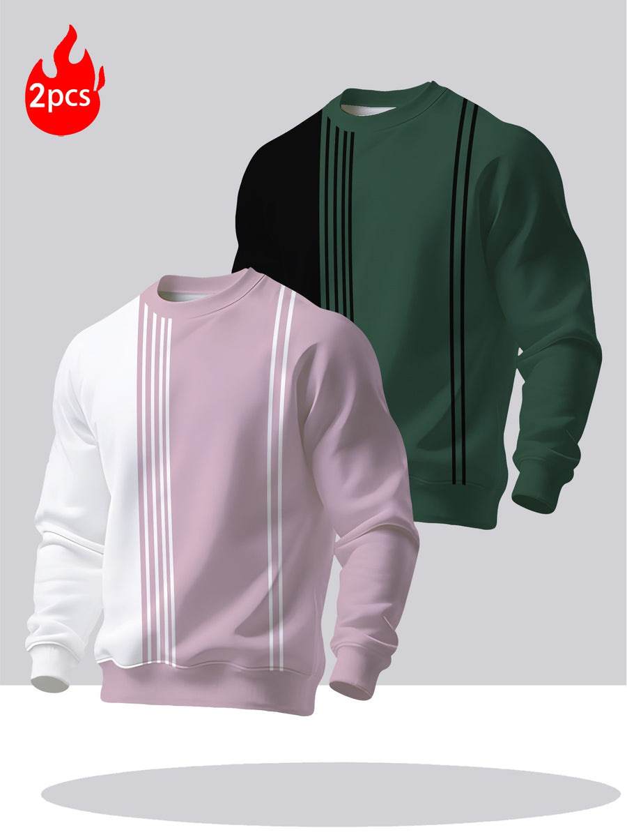 2pcs Men's Crew Neck Sweatshirt - Casual Printed Top, Outdoor Leisure Crew Neck Sweatshirt, Basic Versatile Style with Print - Mixed colors