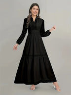 QD0711013 Women'S Elegant Black Lace Trim Long Sleeve Dress - Slim Fit Solid Color, Exquisite Craftsmanship - Black