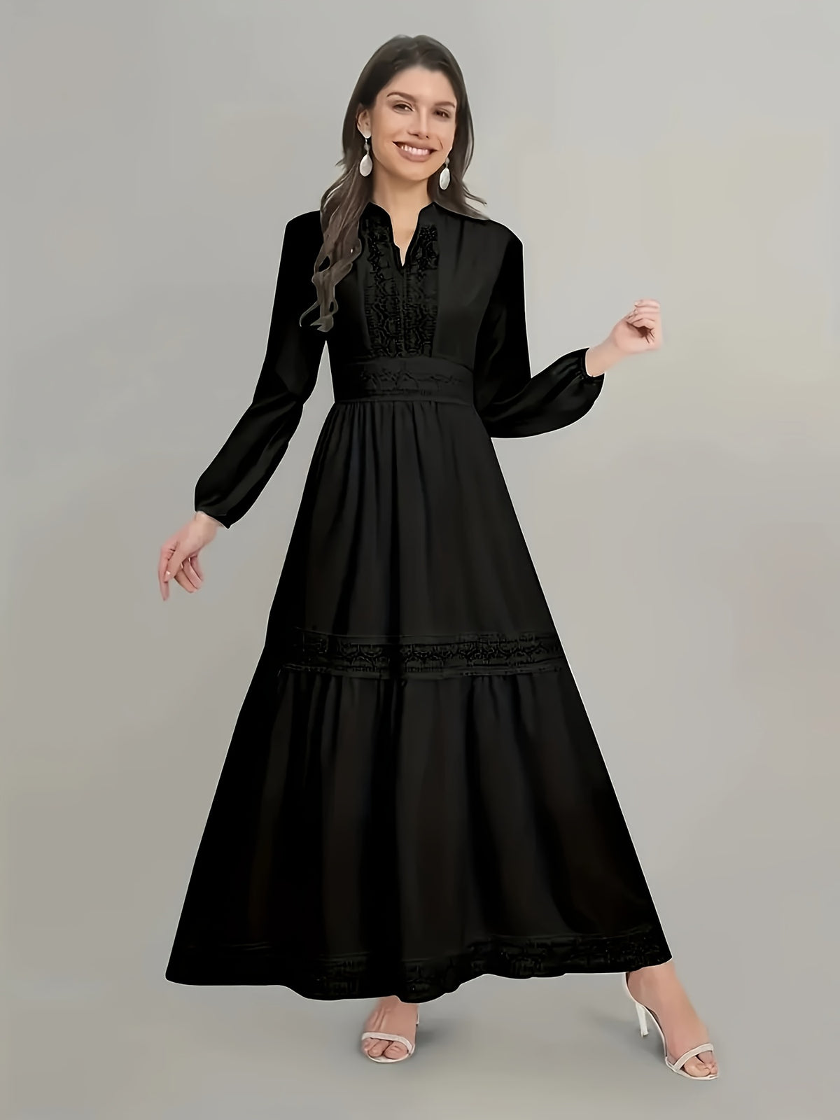 QD0711013 Women'S Elegant Black Lace Trim Long Sleeve Dress - Slim Fit Solid Color, Exquisite Craftsmanship - Black