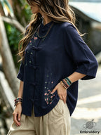 INS Chinese Style Shirt - Women'S Mid-Length Cheongsam Cardigan, Retro Button-Front And Embroidered Stand Collar, Suitable for Daily, Office, And Semi-Formal Wear, Machine Washable, All-Season Casual Top A281 - Royal Blue