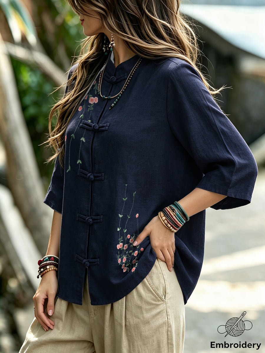 INS Chinese Style Shirt - Women'S Mid-Length Cheongsam Cardigan, Retro Button-Front And Embroidered Stand Collar, Suitable for Daily, Office, And Semi-Formal Wear, Machine Washable, All-Season Casual Top A281 - Royal Blue