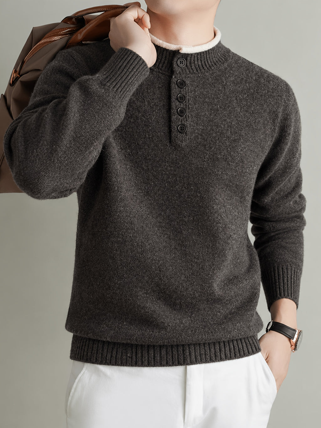 Du Jing Lan OBM Spring/Autumn New Arrival Men's Knit Pullover, Old Money Style Contrast Color Striped Half-Open Placket Stand Collar Knit Pullover, Men's Business Casual Fashion Knit Pullover, Suitable for Layering or Wearing as an Inner Layer - Coffee Color