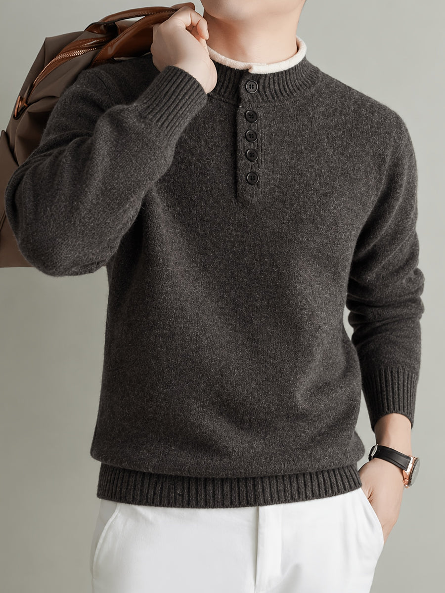 Du Jing Lan OBM Spring/Autumn New Arrival Men's Knit Pullover, Old Money Style Contrast Color Striped Half-Open Placket Stand Collar Knit Pullover, Men's Business Casual Fashion Knit Pullover, Suitable for Layering or Wearing as an Inner Layer - Coffee Color