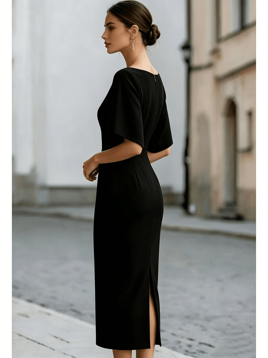 ST26037 Elegant Temperament Waist Mid-Length Dress for Women - Black