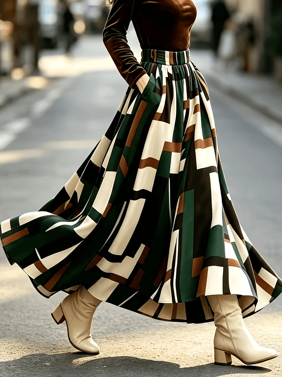 Women'S High-Waist A-Line Loose-Fit Elegant Casual Versatile Geometric Pattern Floral Waist Tie-Bow Belt Design Long Midi Skirt for All Seasons - Green