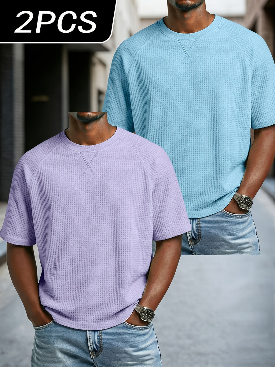 Men'S 2 pc Waffle Knit T Shirts Short Sleeve Crew Neck, Breathable Textured Fabric Casual Tops, Lightweight Soft Comfortable Fit, Ideal for Daily Wear, Travel, Street Fashion And Warm Weather Style - Violet+Teal