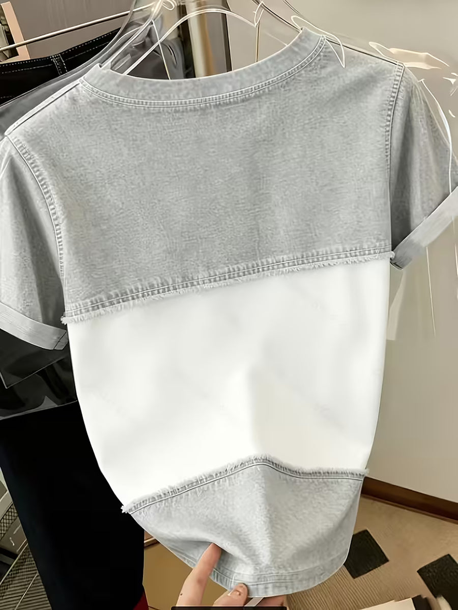 [Printed Pants - Not Denim Fabric] Women's All-Over Imitation Denim Print T-Shirt - Short Sleeve Round Neck -Compatible Top | Full-Body Denim Patchwork Design | Machine Washable Casual Summer Style Suitable for Spring/Summer Casual Attire & Layering - Grey
