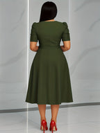 Women'S Elegant V-Neck Ruched Midi Dress, Solid Color Short Sleeve, Waist-Cinching Belt, Flowing Skirt, Perfect Spring Summer Outfit, Adult Fashion, Comfortable Daily Elegant Waist-Cinching Dress, Ruched Detail - Olive Green